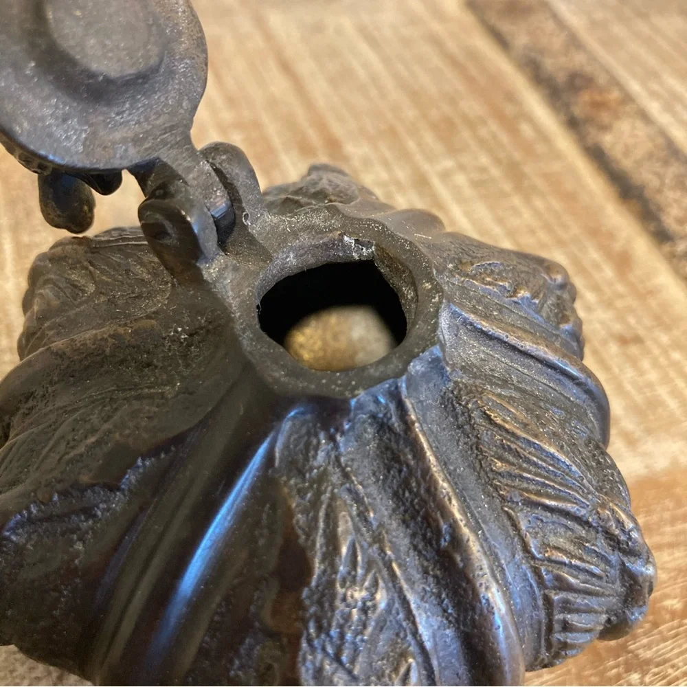 Vintage Ornate Footed Metal Inkwell with Rooster Lid
